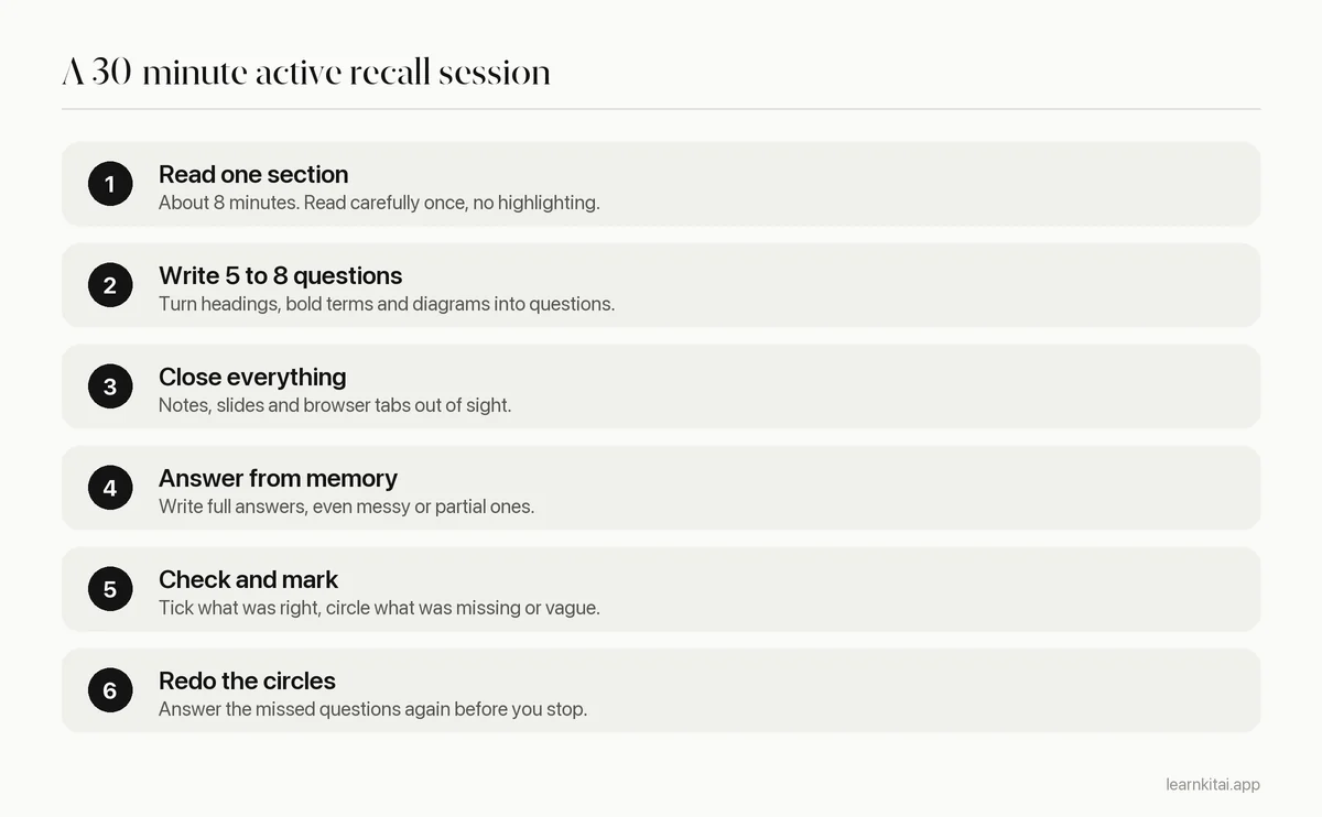Six steps of a 30-minute active recall session from reading one section to redoing missed questions
