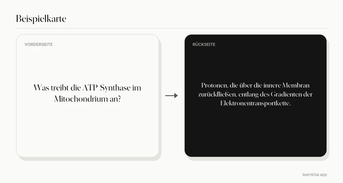 Beispiel-Karteikarte, die fragt, was die ATP-Synthase antreibt, mit der Antwort zum Protonengradienten über der inneren Membran