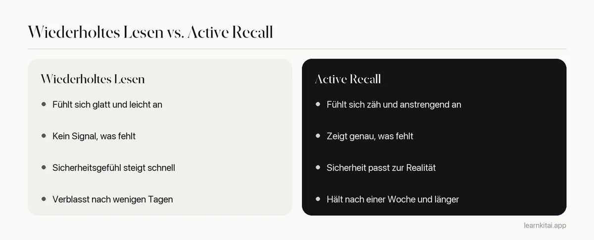 Vergleich von wiederholtem Lesen und Active Recall bei Aufwand, Rückmeldung, Sicherheitsgefühl und Gedächtnis nach einer Woche