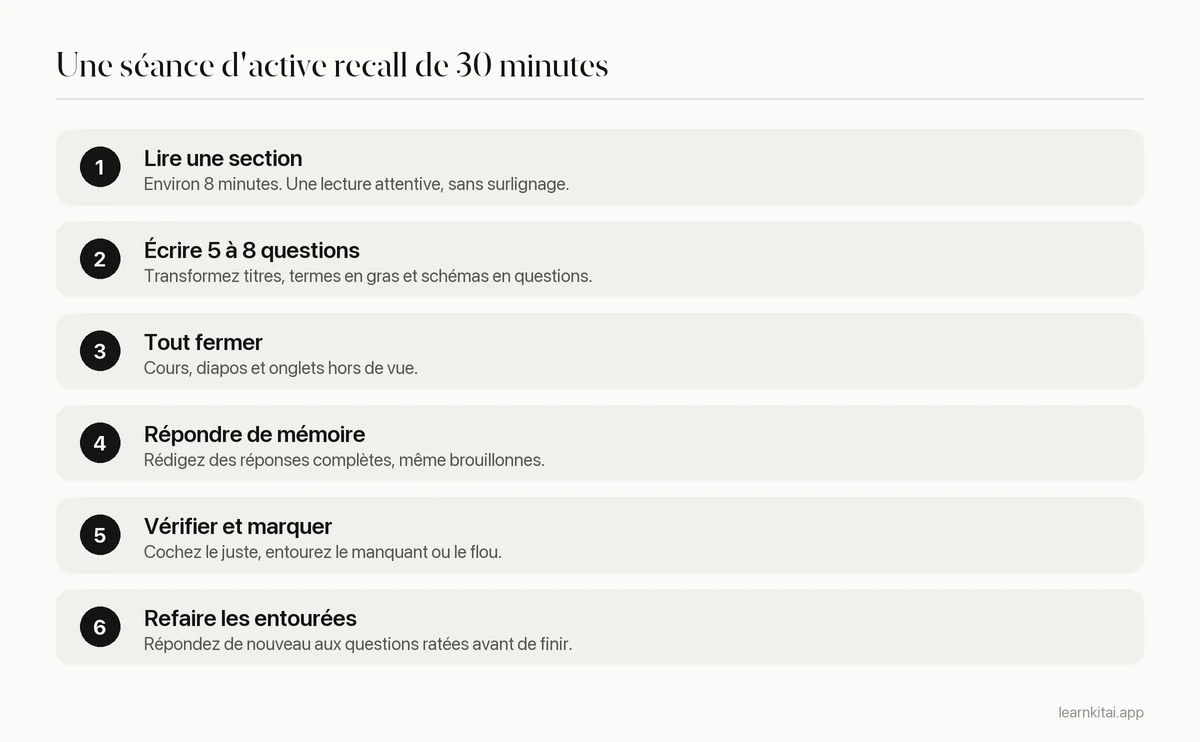 Six étapes d'une séance d'active recall de 30 minutes, de la lecture d'une section jusqu'à la reprise des questions ratées
