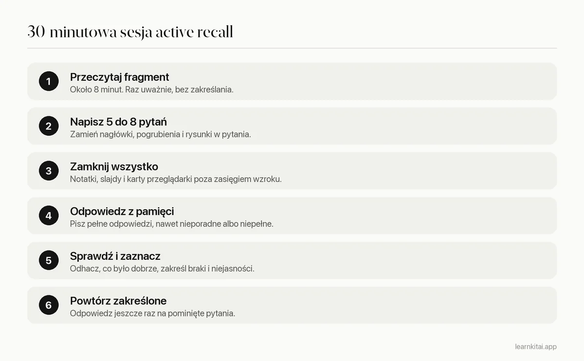 Sześć kroków 30-minutowej sesji active recall: od przeczytania fragmentu do ponownego odpowiadania na pomyłki