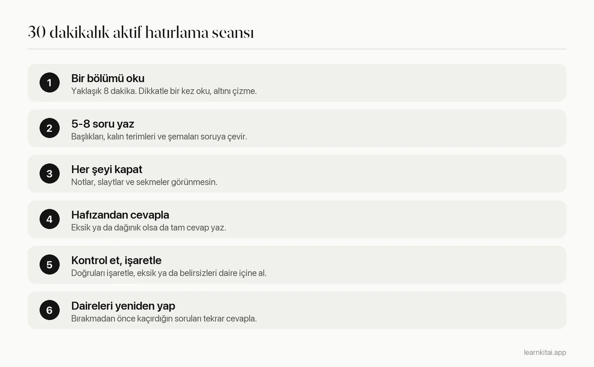 Bir bölümü okumaktan kaçırılan soruları yeniden yapmaya kadar 30 dakikalık aktif hatırlama seansının altı adımı
