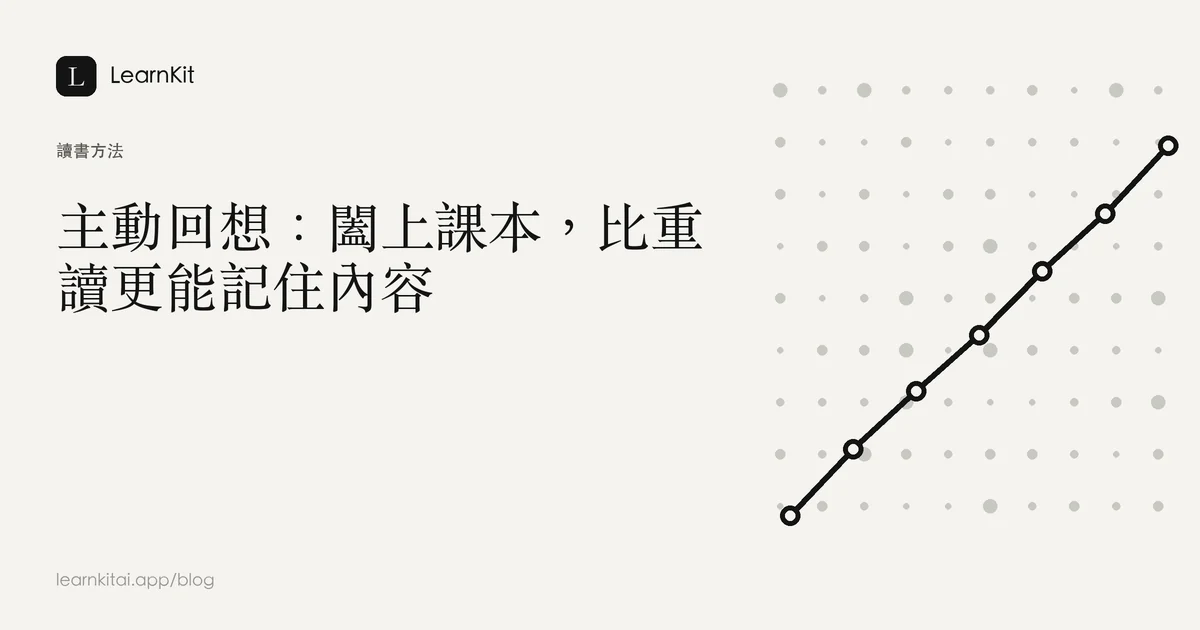 標題「主動回想：闔上課本，比重讀更能記住內容」，背景為沉靜的單色圖紋