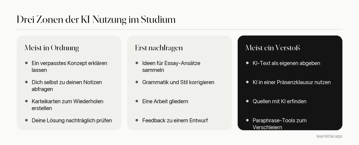 Drei Spalten, die KI-Nutzungen vergleichen: meist unproblematisch, vorher nachfragen und meist ein Verstoß