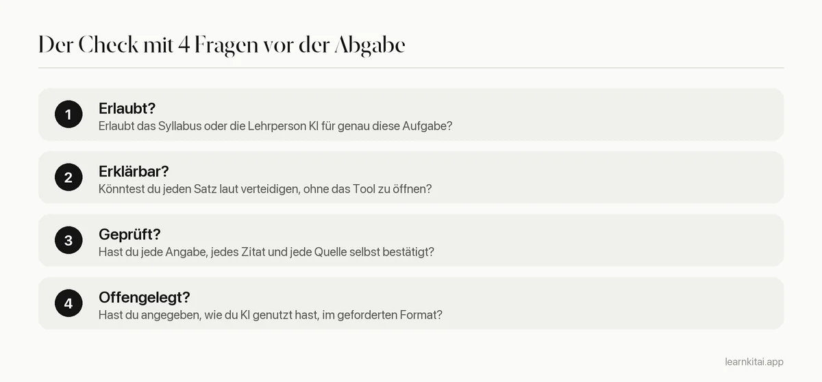 Vier Prüfschritte vor der Abgabe von Arbeiten mit KI-Einsatz: Regeln, Erklärbarkeit, Überprüfung, Offenlegung