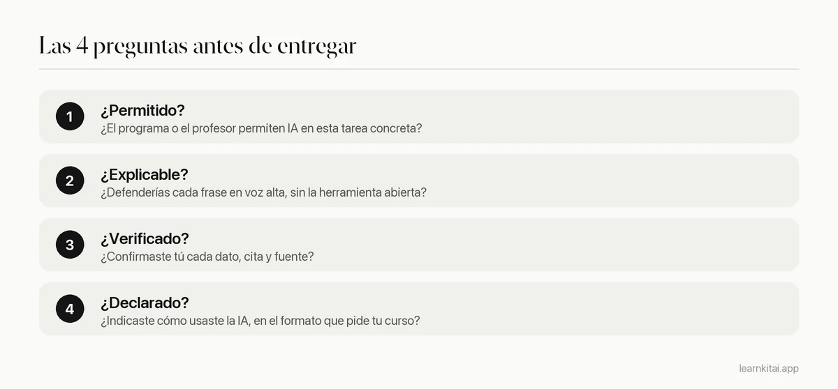 Comprobación en cuatro pasos antes de entregar un trabajo en el que participó la IA: normas, explicar, verificar, declarar
