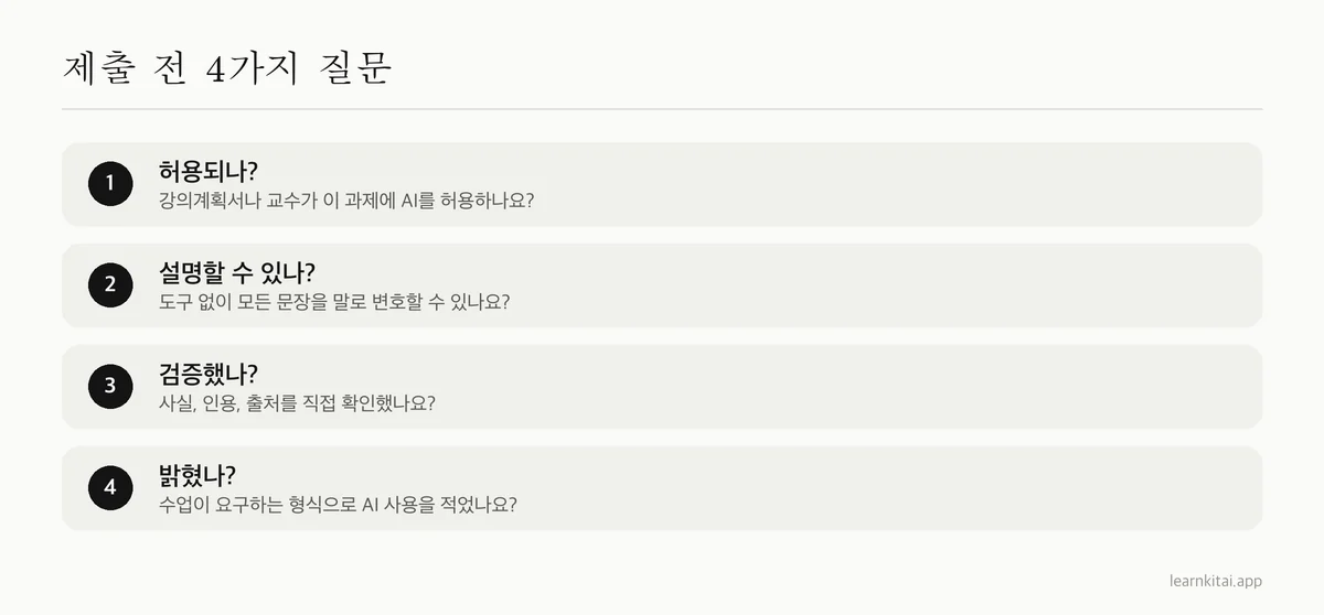 AI를 쓴 과제를 제출하기 전에 하는 네 단계 점검: 규정, 설명, 검증, 공개