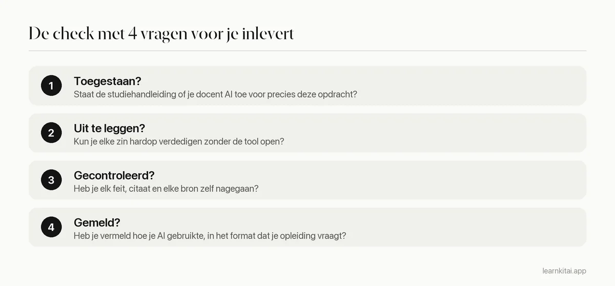 Check in vier stappen voordat je werk inlevert waarbij AI is gebruikt: beleid, uitleggen, controleren, melden