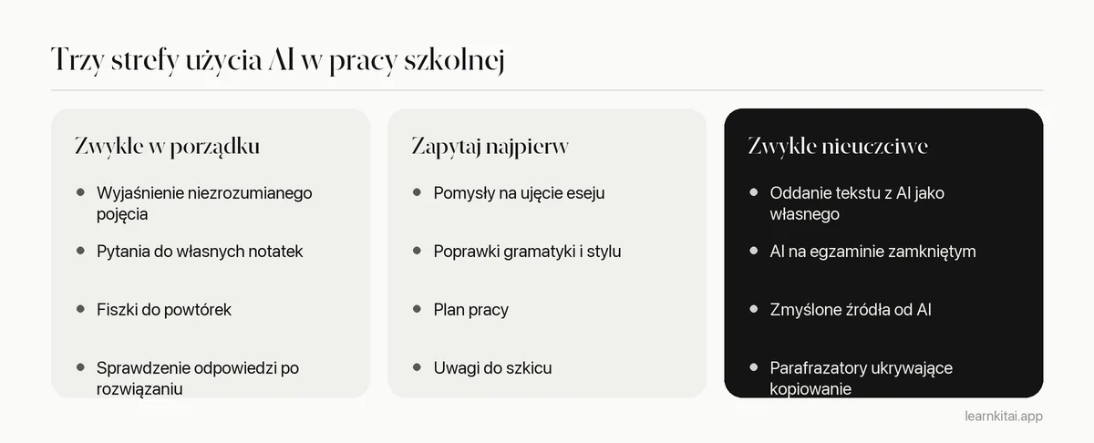 Trzy kolumny porównujące zastosowania AI zwykle w porządku, takie, o które trzeba najpierw zapytać, i takie, które zwykle uchodzą za nieuczciwość