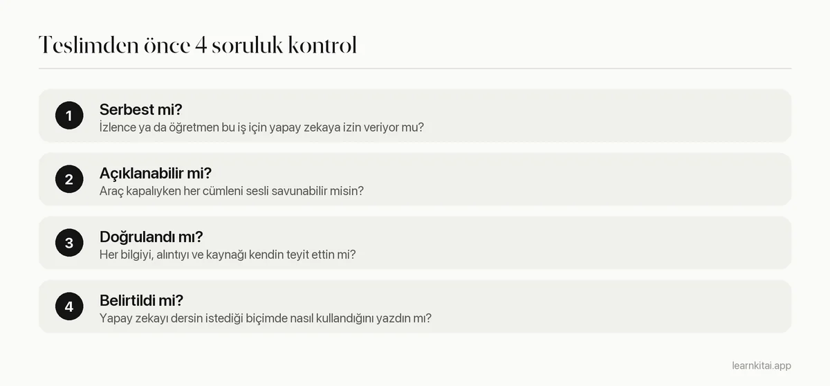 Yapay zeka kullanılan bir işi teslim etmeden önce yapılacak dört adımlı kontrol: kural, açıklama, doğrulama, belirtme
