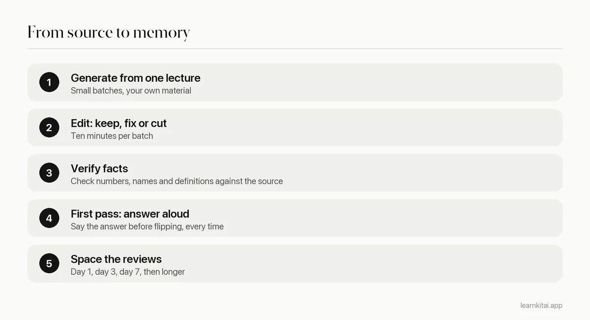 Five steps from generating AI flashcards to reviewing them on a spaced schedule