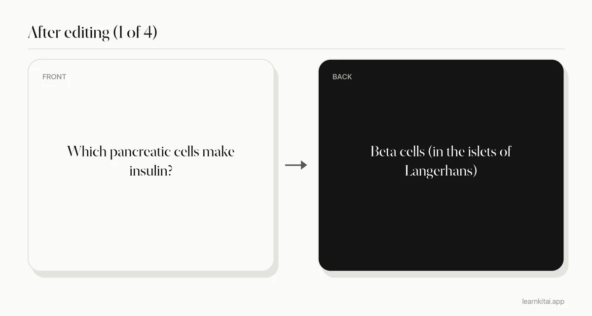 Example flashcard after editing with a single focused question and short answer
