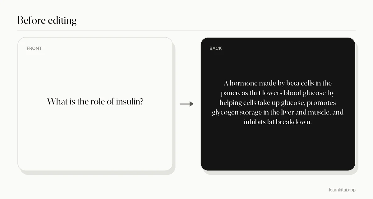 Example AI flashcard before editing with an overloaded answer