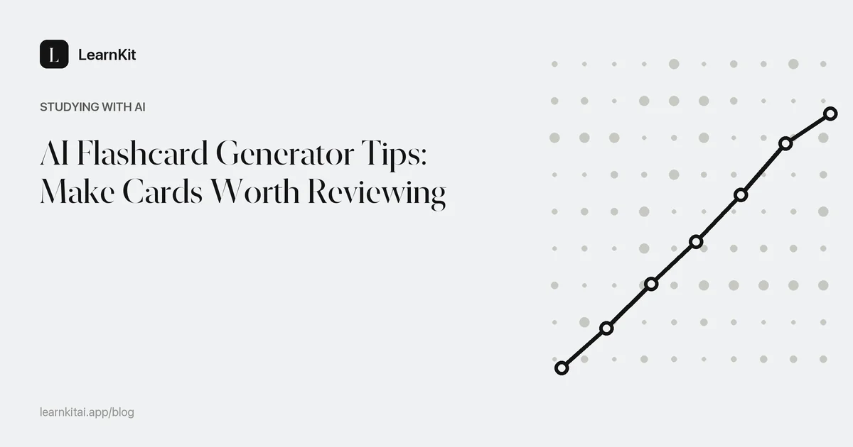Article title about AI flashcard generator tips over a calm monochrome pattern of stacked cards