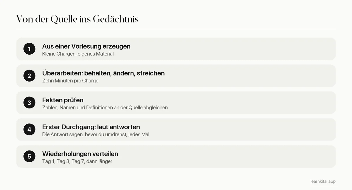 Fünf Schritte von der Erzeugung der KI-Karteikarten bis zur Wiederholung nach einem Zeitplan