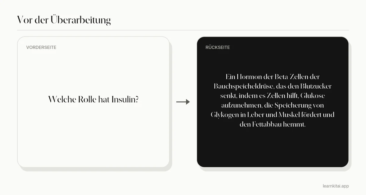 Beispiel einer KI-Karteikarte vor der Überarbeitung mit überladener Antwort