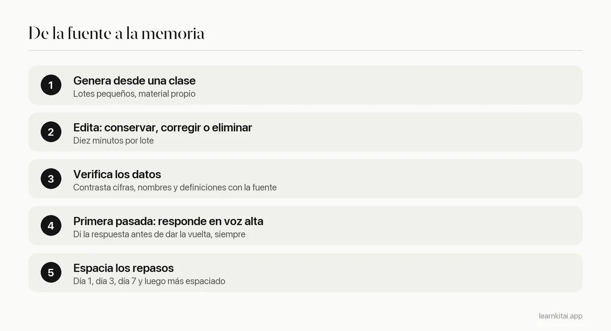 Cinco pasos desde generar flashcards con IA hasta repasarlas con un calendario espaciado