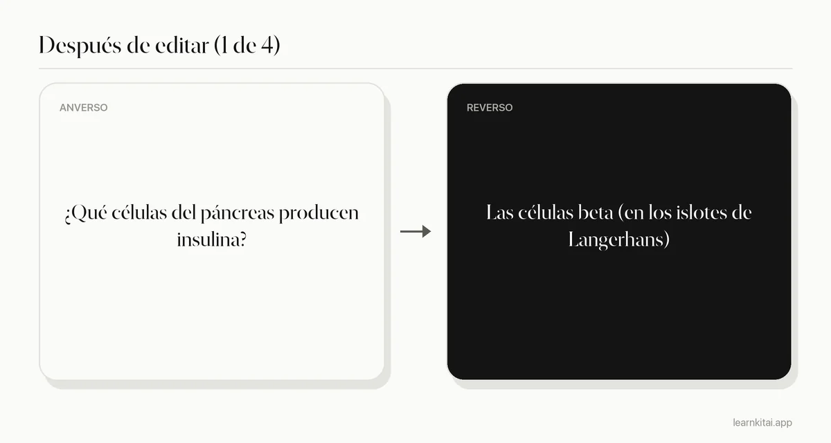 Ejemplo de flashcard después de editar, con una sola pregunta enfocada y una respuesta corta