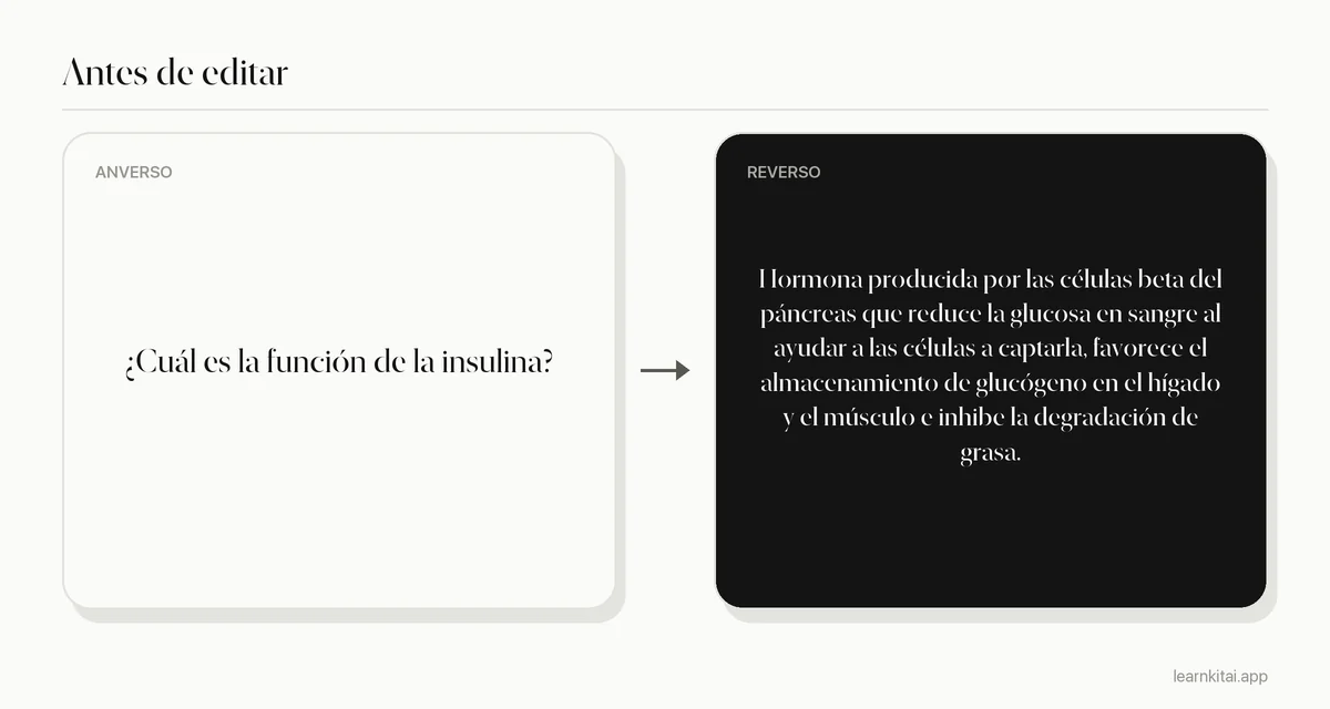 Ejemplo de flashcard de IA antes de editar, con una respuesta sobrecargada