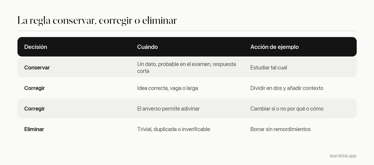 Tabla que explica cuándo conservar, corregir o eliminar una flashcard generada por IA