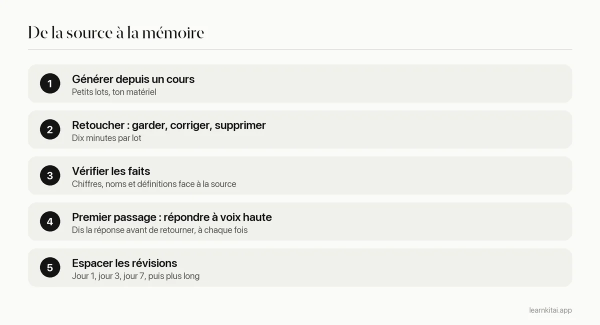 Cinq étapes, de la génération des flashcards IA à leur révision à intervalles espacés