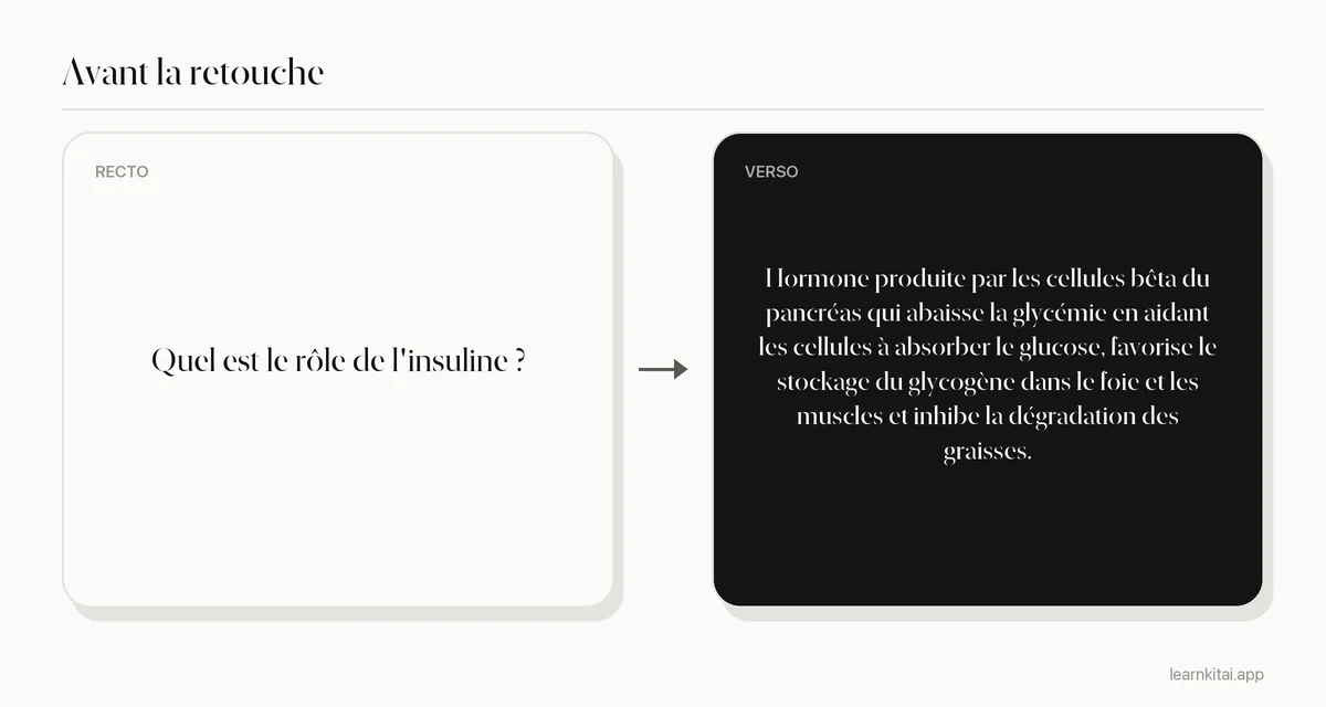 Exemple de flashcard générée par IA avant retouche, avec une réponse surchargée