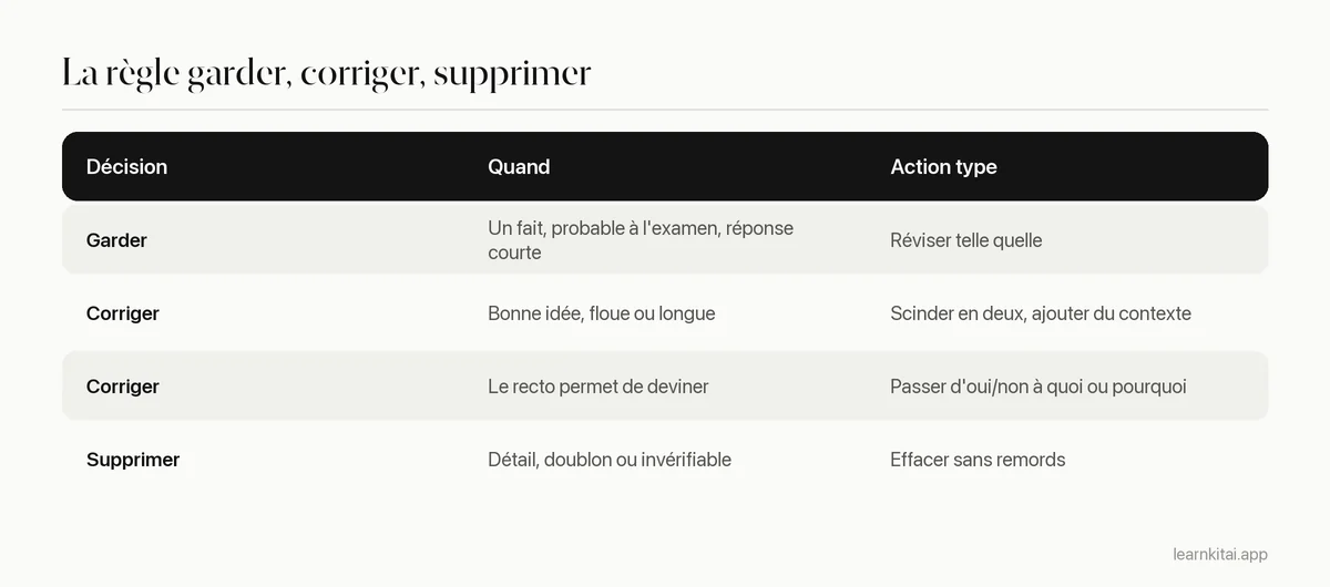 Tableau expliquant quand garder, corriger ou supprimer une flashcard générée par IA