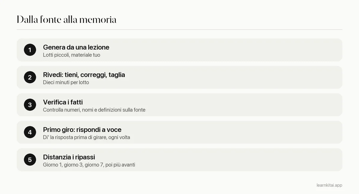Cinque passaggi dalla generazione delle flashcard AI al ripasso con calendario dilazionato
