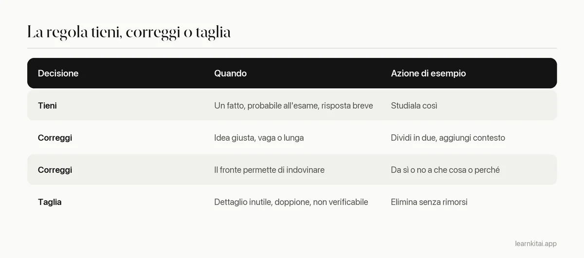 Tabella che spiega quando tenere, correggere o tagliare una flashcard generata dall'AI