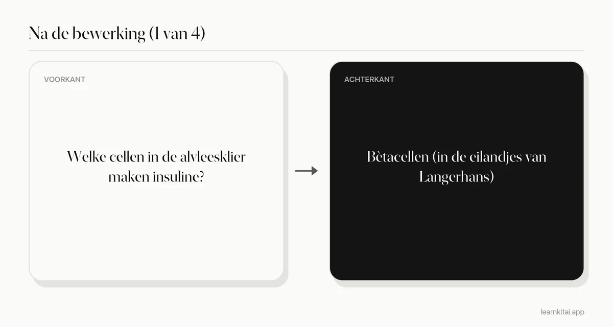 Voorbeeld van een flashcard na de bewerking met één gerichte vraag en een kort antwoord