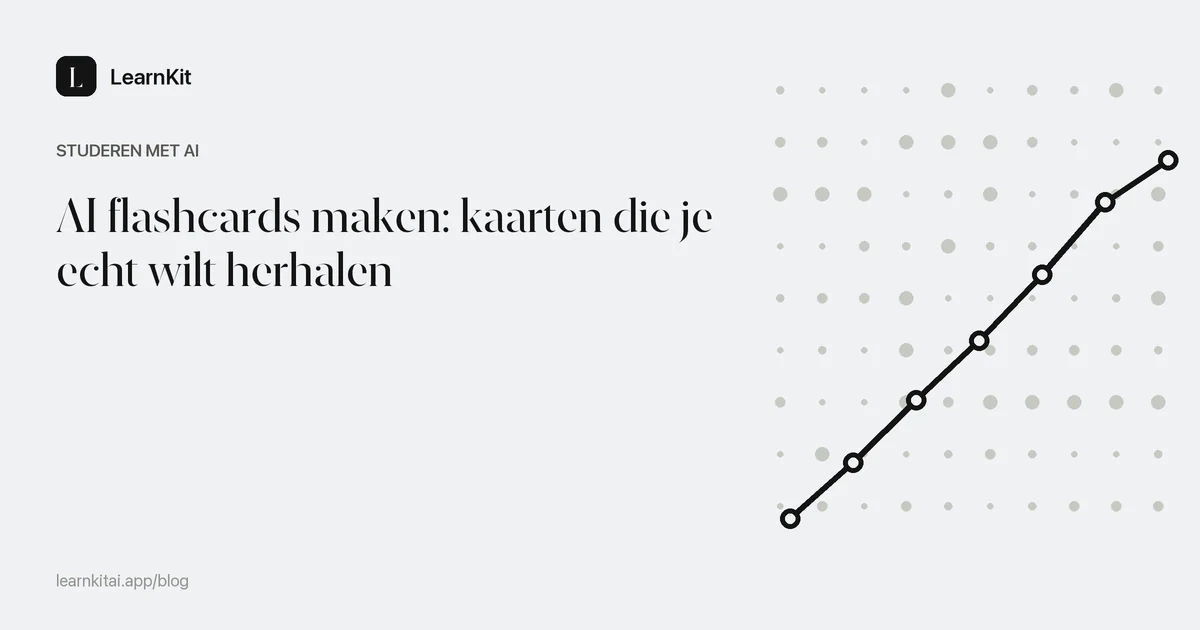 Artikeltitel over AI flashcards maken op een rustig monochroom patroon van gestapelde kaarten