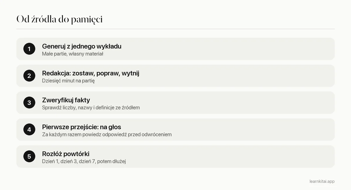 Pięć kroków od wygenerowania fiszek AI do powtarzania ich według harmonogramu rozłożonego w czasie