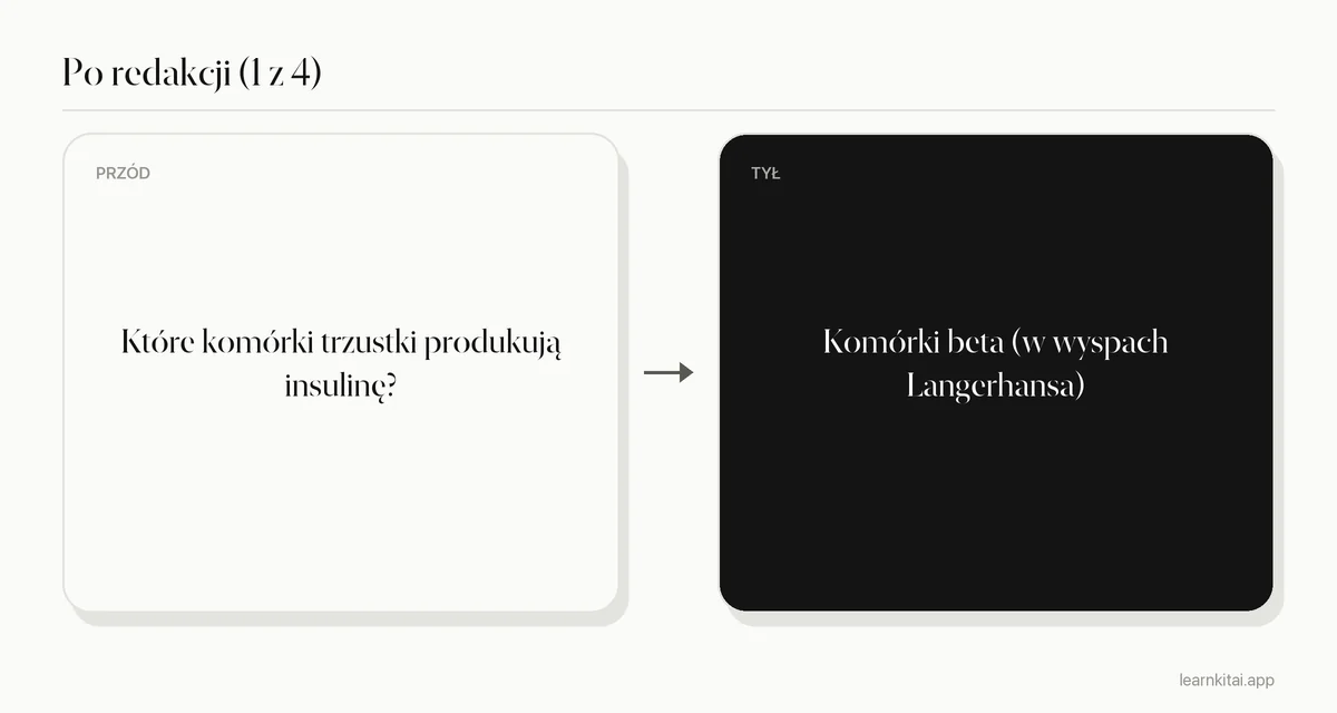 Przykładowa fiszka po redakcji z jednym konkretnym pytaniem i krótką odpowiedzią