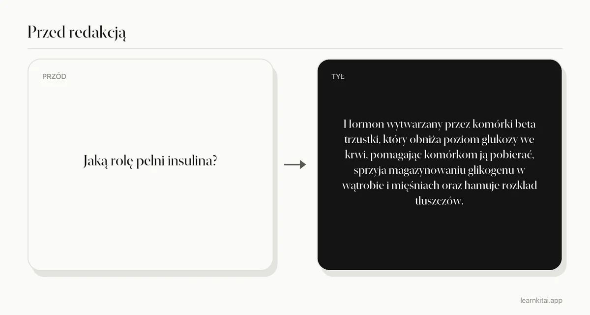 Przykładowa fiszka z AI przed redakcją z przeładowaną odpowiedzią