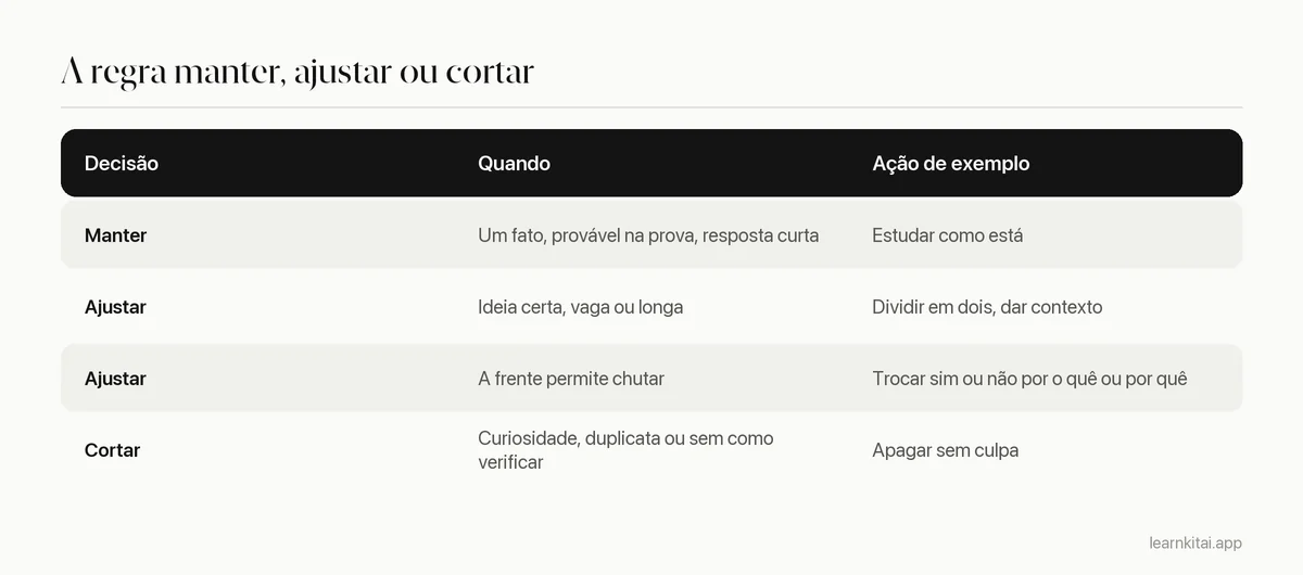 Tabela explicando quando manter, ajustar ou cortar um flashcard gerado por IA
