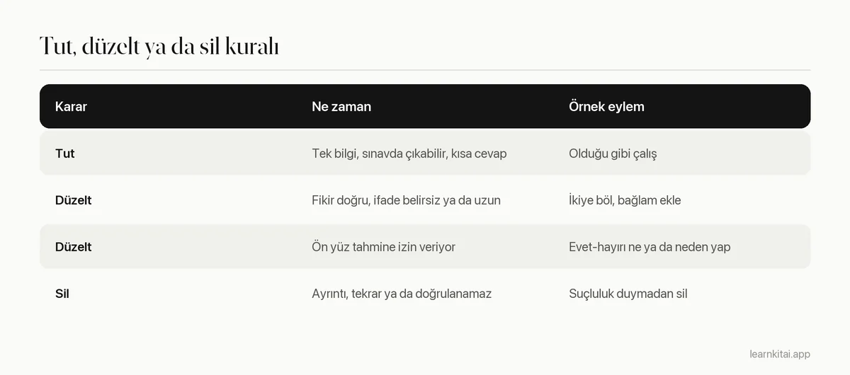 Yapay zekayla üretilmiş bir bilgi kartının ne zaman tutulacağını, düzeltileceğini ya da silineceğini açıklayan tablo
