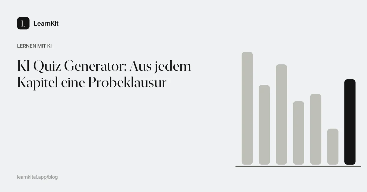 Der Titel KI Quiz Generator: Aus jedem Kapitel eine Probeklausur vor einem ruhigen, einfarbigen Muster aus Kontrollkästchen