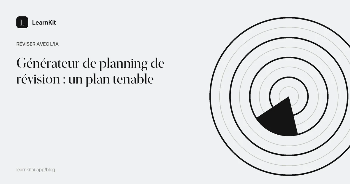 Le titre Générateur de planning de révision : un plan tenable sur un motif monochrome épuré