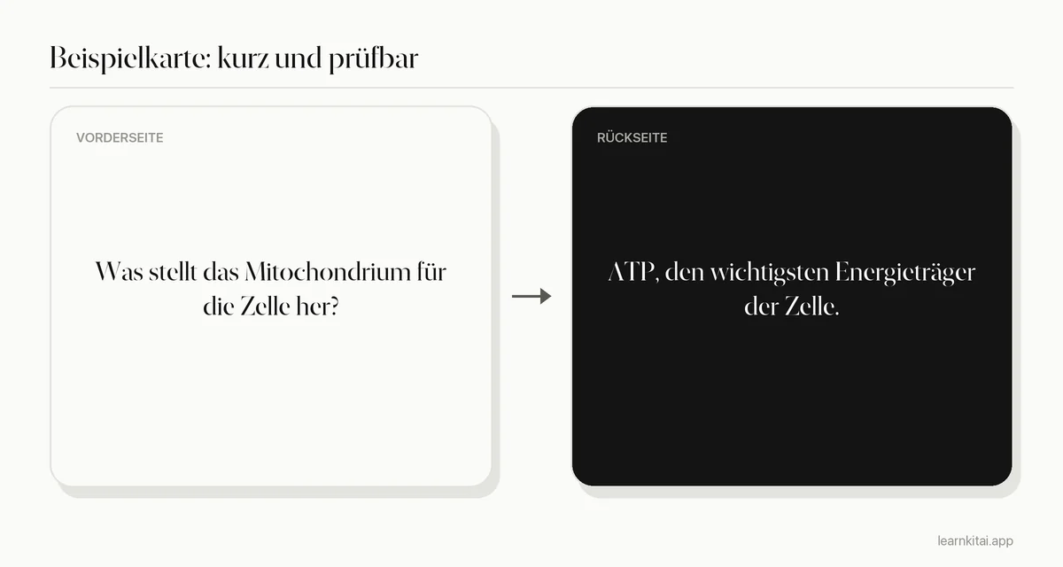 Beispiel-Karteikarte mit einer kurzen Biologiefrage auf der Vorderseite und einer knappen Antwort auf der Rückseite