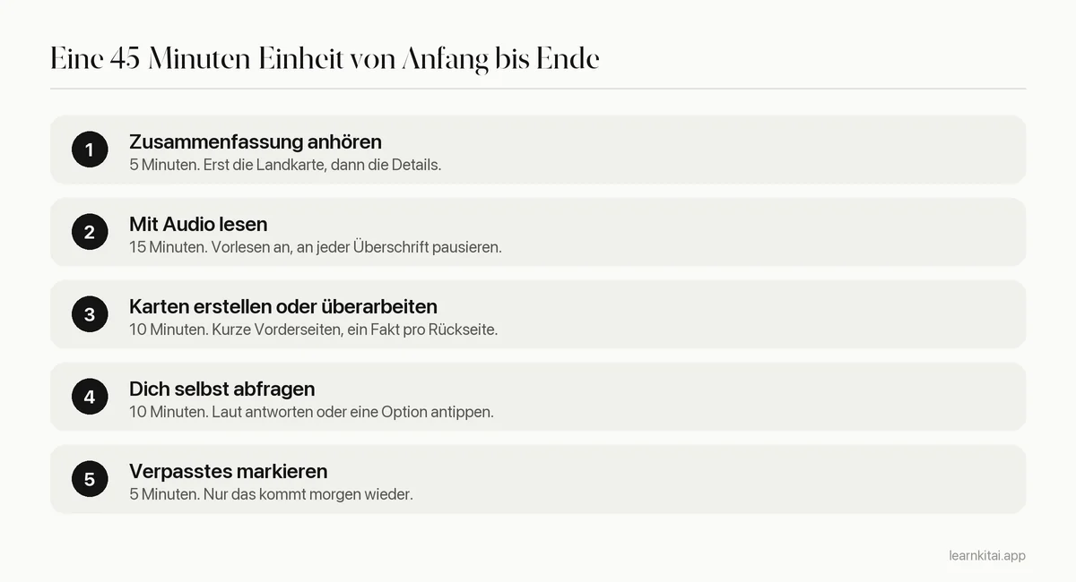 Lerneinheit für Lernende mit Legasthenie in fünf Schritten, vom Anhören einer Zusammenfassung bis zum Wiederholen verpasster Karteikarten