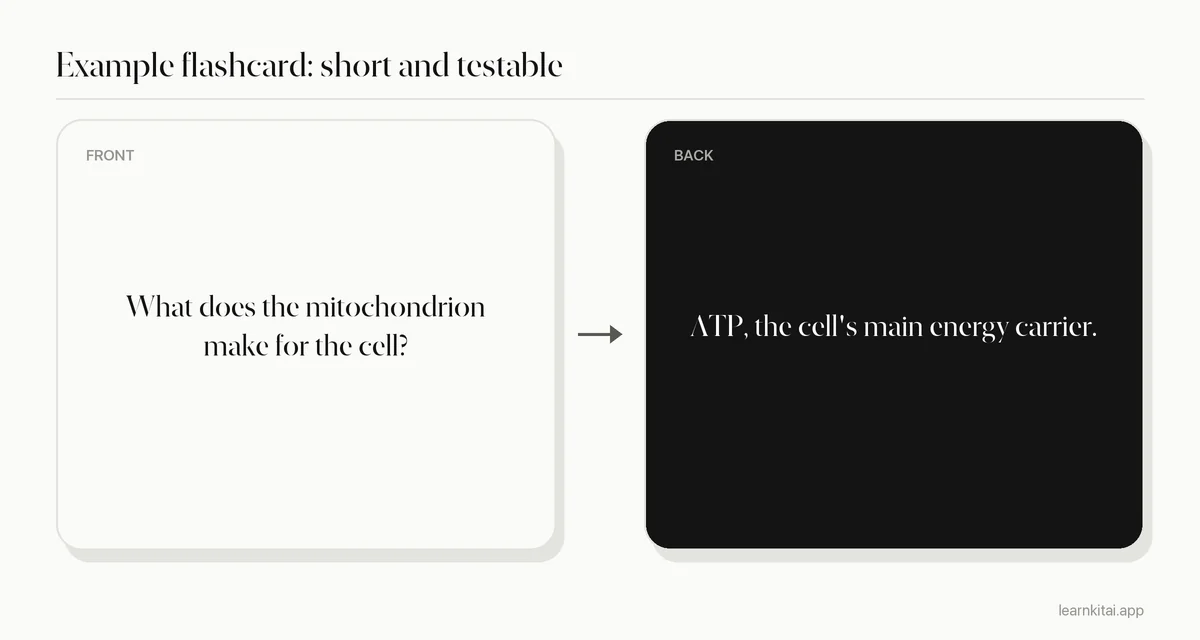 Example flashcard with a short biology question on the front and a brief answer on the back