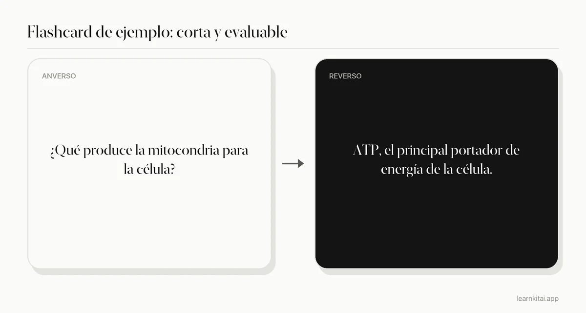 Ejemplo de flashcard con una pregunta breve de biología en el anverso y una respuesta corta en el reverso