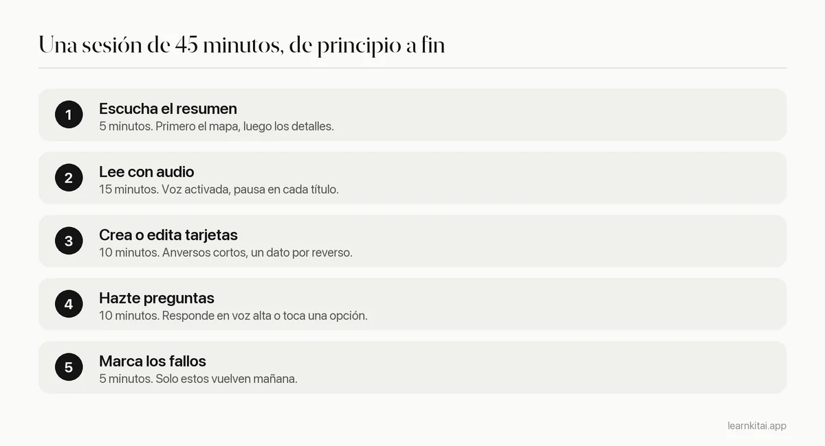 Sesión de estudio en cinco pasos para estudiantes con dislexia, desde escuchar un resumen hasta repasar las flashcards falladas