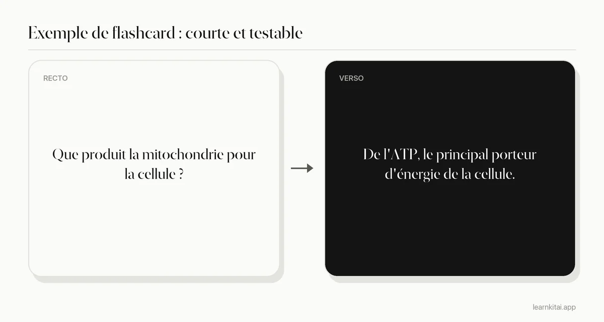 Exemple de flashcard avec une courte question de biologie au recto et une brève réponse au verso