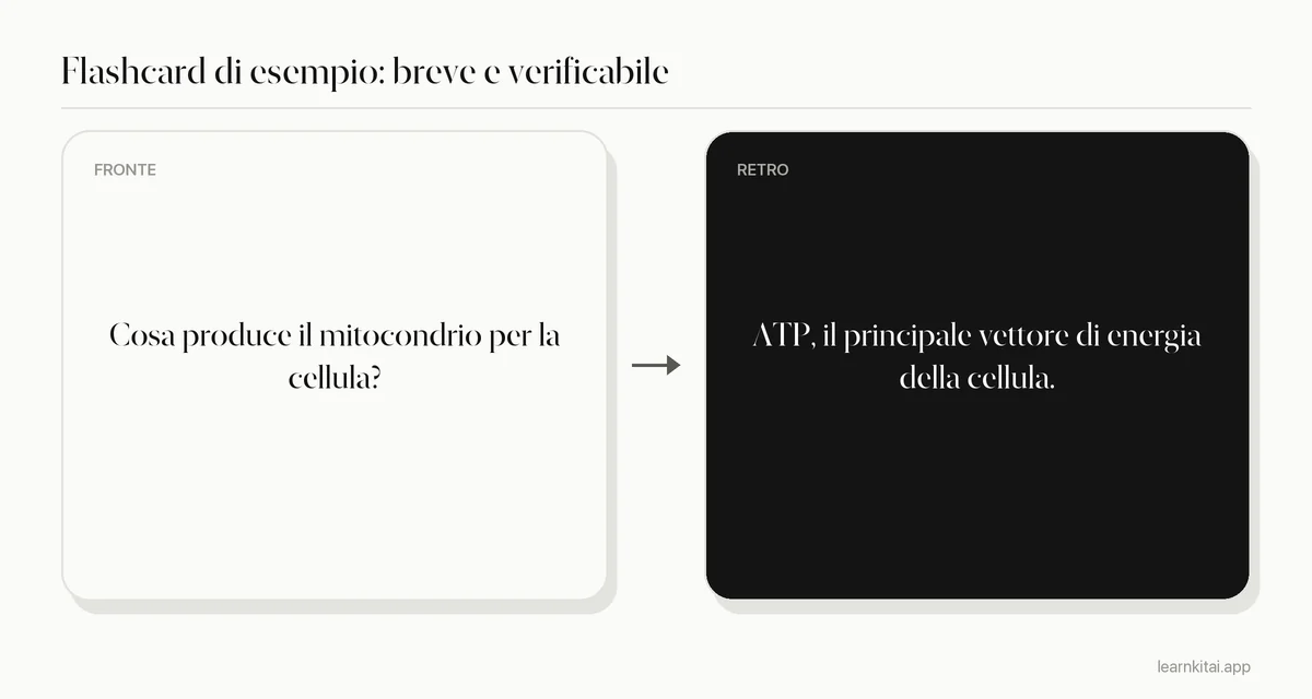 Esempio di flashcard con una breve domanda di biologia sul fronte e una risposta breve sul retro