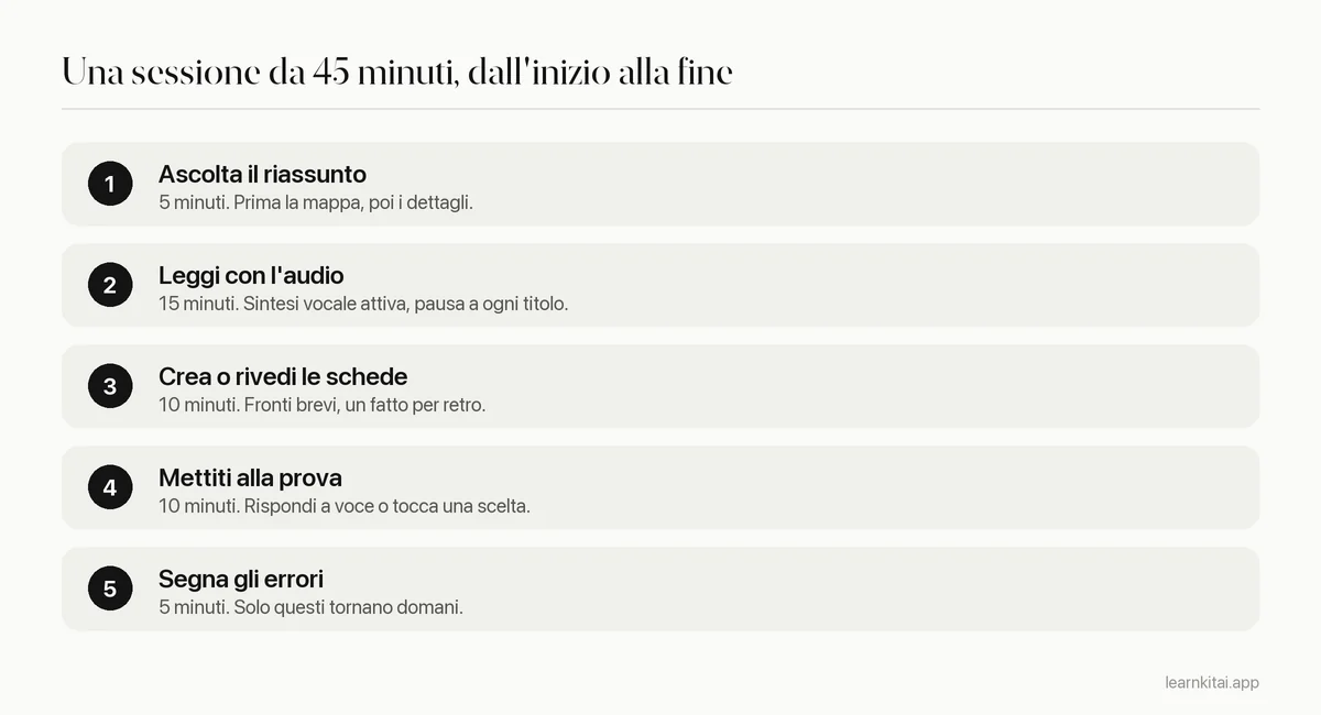 Sessione di studio in cinque passaggi per studenti dislessici, dall'ascolto di un riassunto al ripasso delle flashcard sbagliate