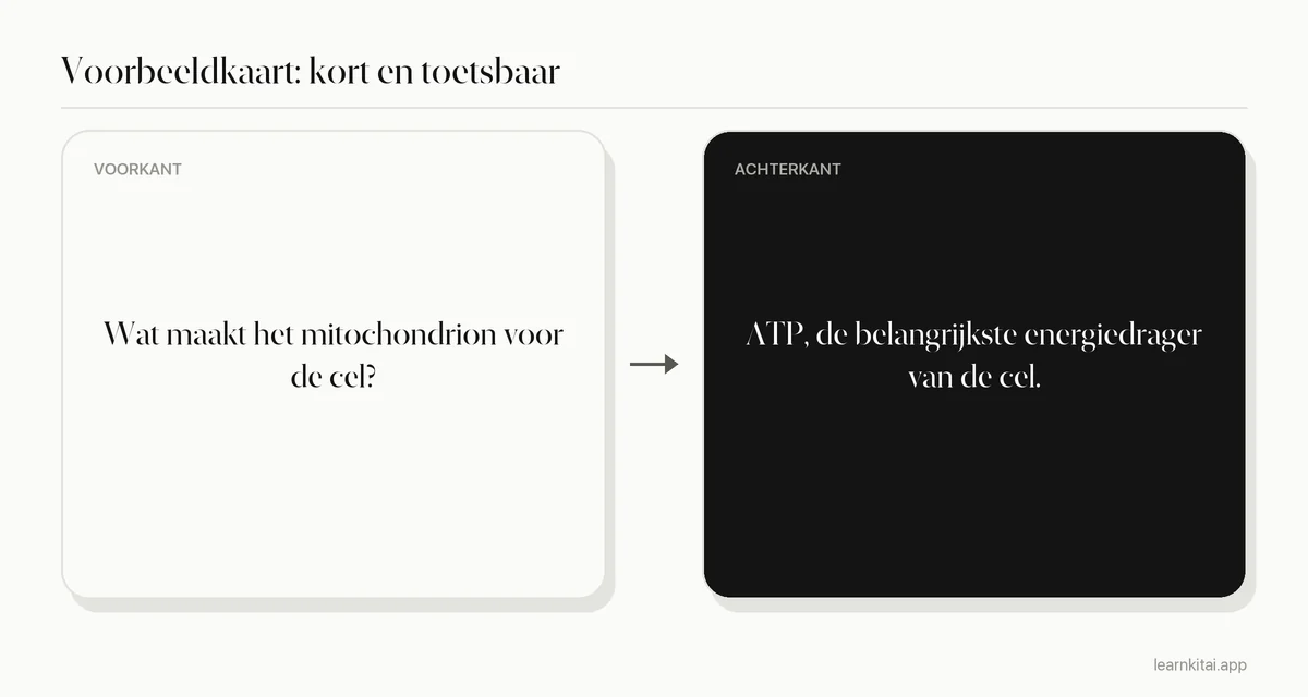 Voorbeeld van een flashcard met een korte biologievraag op de voorkant en een kort antwoord op de achterkant