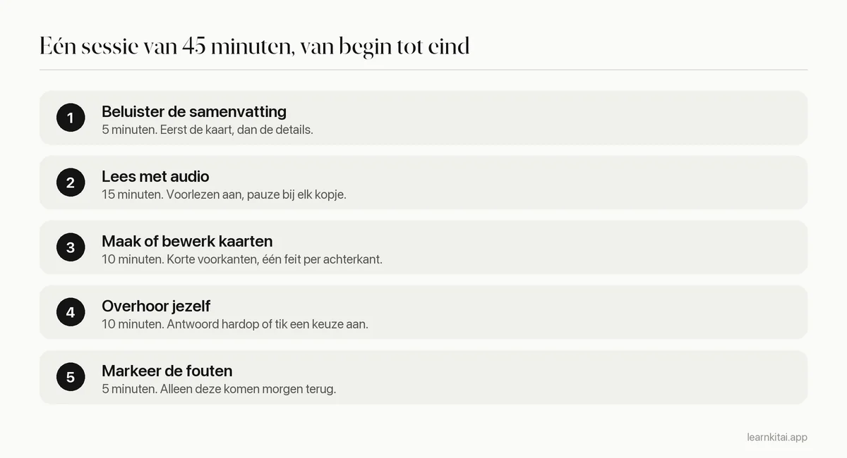 Studiesessie in vijf stappen voor studenten met dyslexie, van een samenvatting beluisteren tot gemiste flashcards herhalen