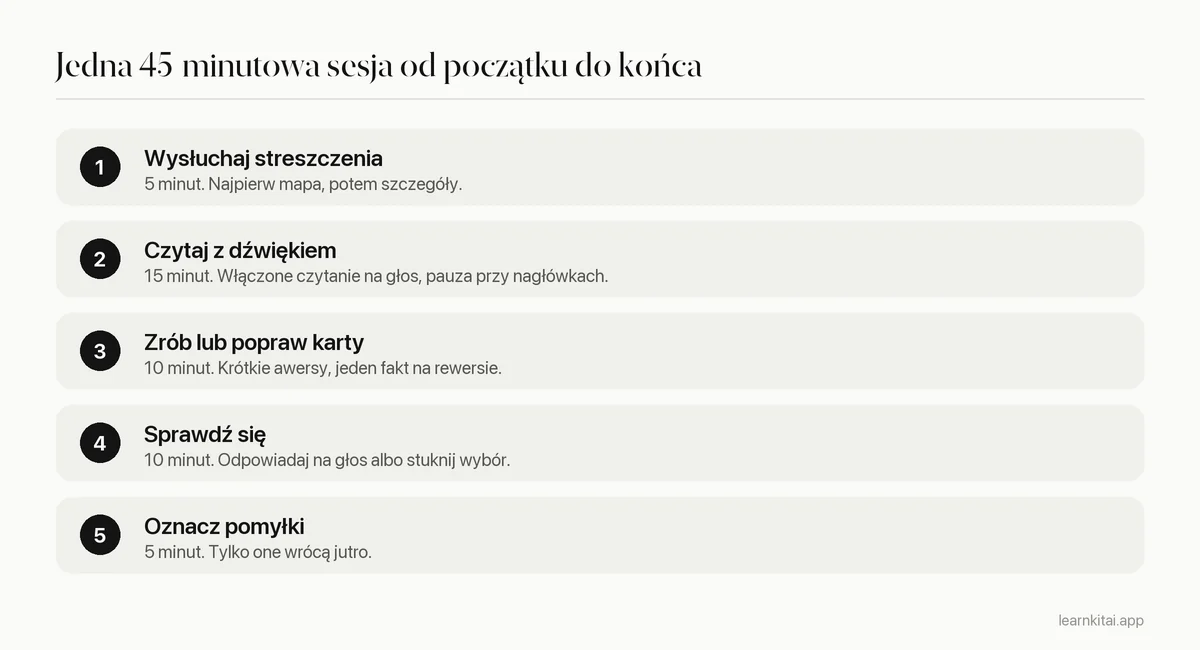Pięcioetapowa sesja nauki dla uczniów z dysleksją: od wysłuchania streszczenia do powtórki pominiętych fiszek