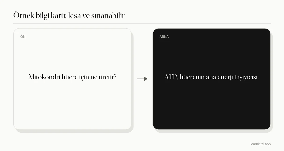 Ön yüzünde kısa bir biyoloji sorusu, arka yüzünde kısa bir cevap olan örnek bilgi kartı